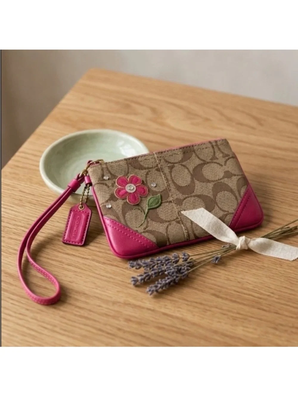 Coach Wristlet Signature Canvas,Hot Pink Leather Trim, Floral Appliqué, Crystals